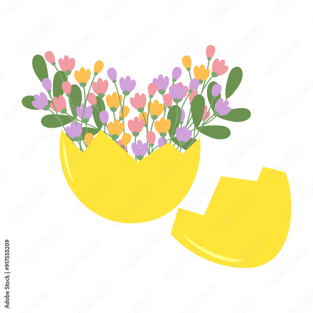 Eggshell part with floral bouquet inside in trendy soft hues. Spring or Easter composition Isolated Eggshell part with floral bouquet inside in trendy soft hues. Spring or Easter composition Isolated