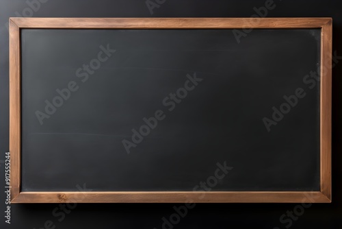 Blank black chalkboard with a wooden frame hanging on a black wall background