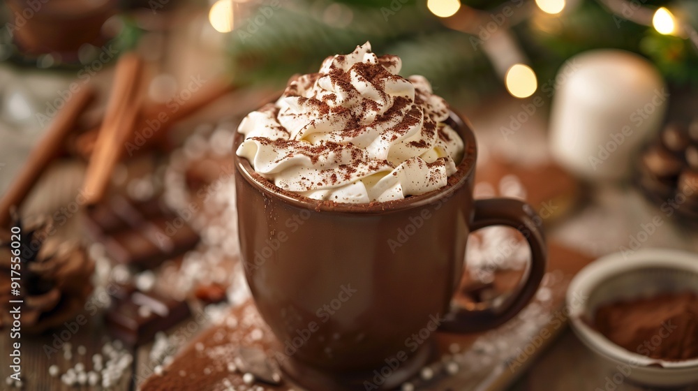 Delicious Chocolate with white cream and chocolate sprinkles on top in a glass cup Delicious Chocolate with white cream and chocolate sprinkles on top in a glass cup