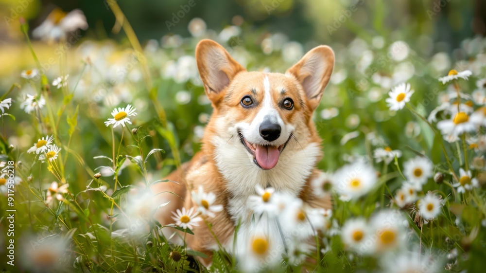 A Happy Pembroke Welsh Corgi Surrounded by Daisies A Happy Pembroke Welsh Corgi Surrounded by Daisies