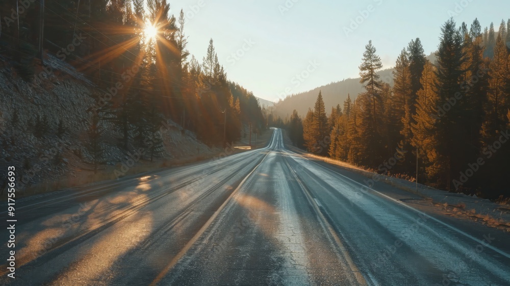 Fototapeta premium Sunlit Road Through a Forest at Dawn