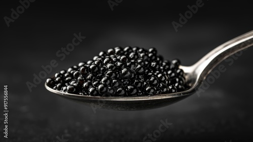 Close-up of Black Caviar in a Silver Spoon