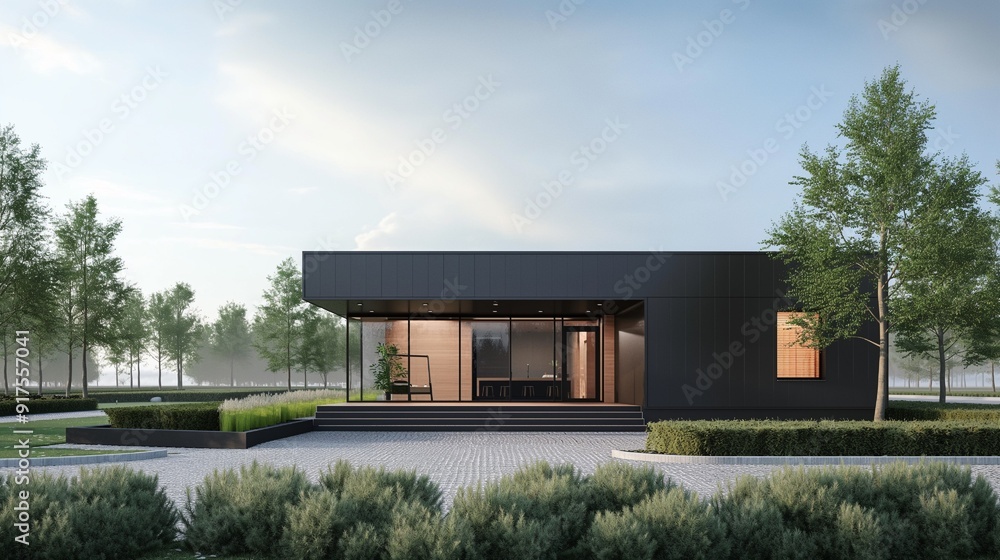 Exterior of a modern warehouse with a small office unit Exterior of a modern warehouse with a small office unit