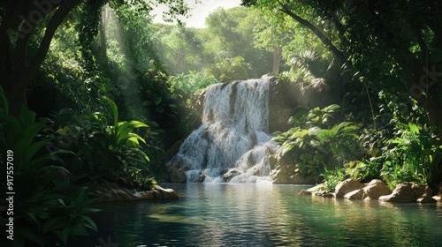 A lush Thai jungle landscape with a hidden waterfall cascading into a crystal-clear pool, surrounded by dense vegetation and the sounds of nature.