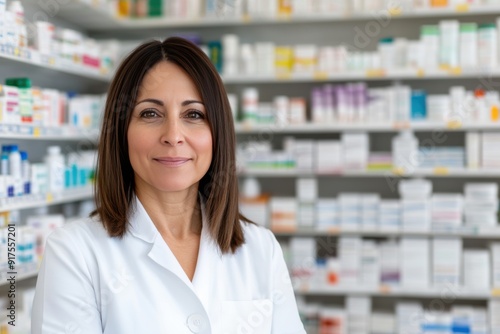 Free Download A confident pharmacist in a white coat stands in front of a pharmacy shelf filled with various medications and health products. - GFXLoad