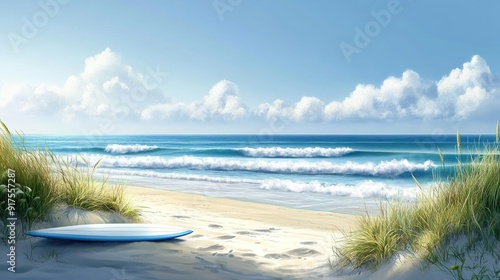 A peaceful beach scene with surfboards planted in the sand, waves gently rolling in, and a calm, clear sky, inviting viewers to relax and enjoy the ocean.