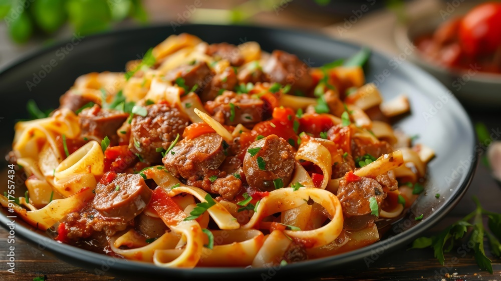 Close-up of a Plate of Pasta with Sausage and Tomatoes Close-up of a Plate of Pasta with Sausage and Tomatoes