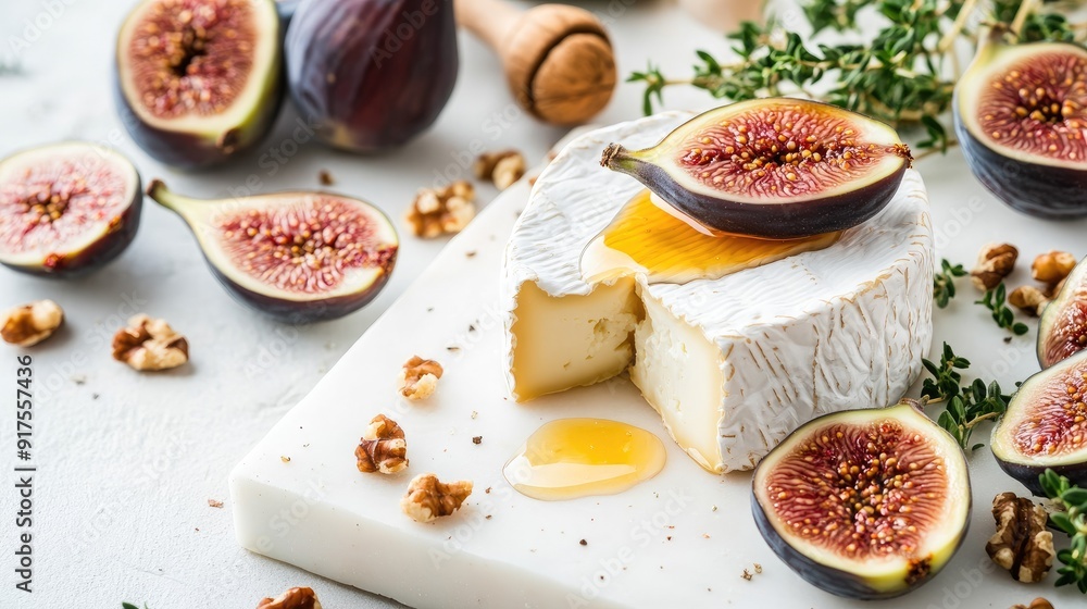A simple yet elegant cheese board setup, featuring soft goat cheese drizzled with honey, paired with fresh figs and toasted nuts, set on a clean, white surface. A simple yet elegant cheese board setup, featuring soft goat cheese drizzled with honey, paired with fresh figs and toasted nuts, set on a clean, white surface.