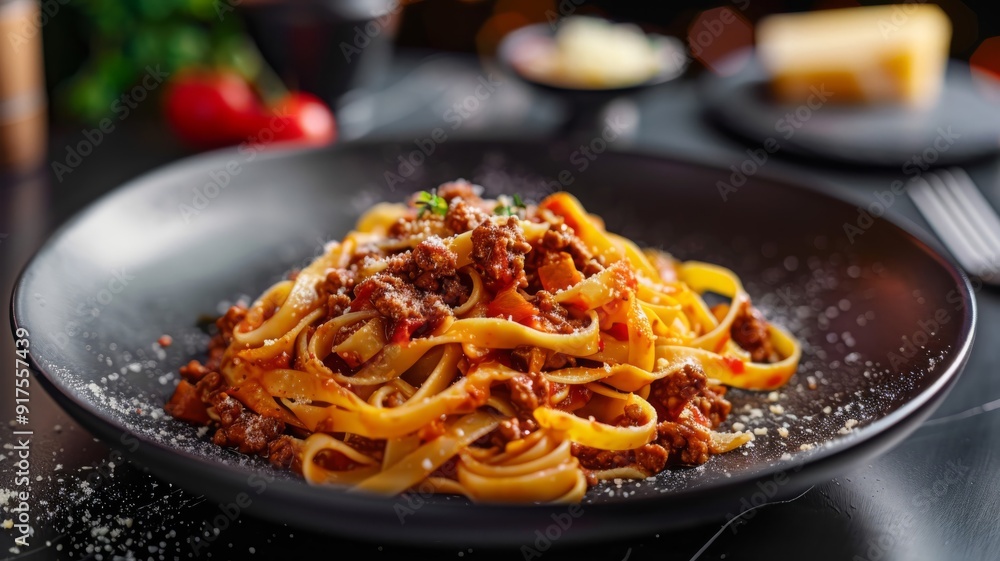 Close-up of Fettuccine Pasta with Bolognese Sauce and Parmesan Cheese on Black Plate Close-up of Fettuccine Pasta with Bolognese Sauce and Parmesan Cheese on Black Plate