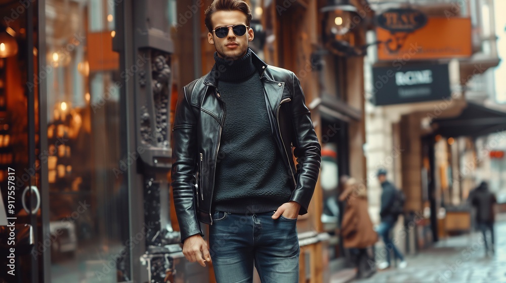 Fashion stylish man with glasses and leather jacket on city street Fashion stylish man with glasses and leather jacket on city street