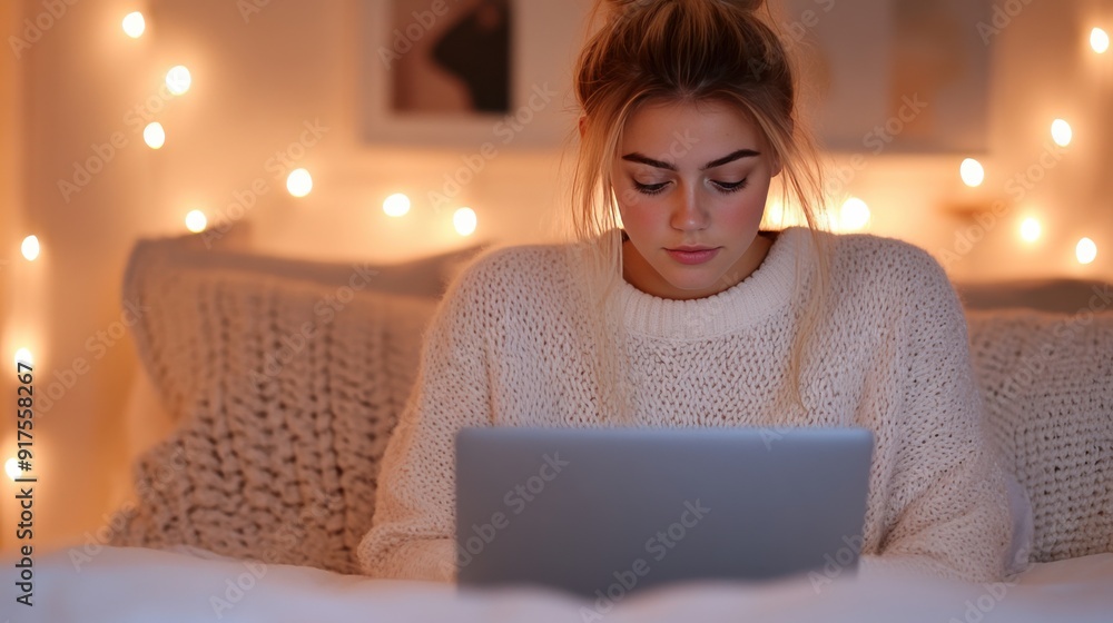A woman sits comfortably in bed, focused on her laptop, surrounded by warm fairy lights creating a cozy atmosphere. A woman sits comfortably in bed, focused on her laptop, surrounded by warm fairy lights creating a cozy atmosphere.