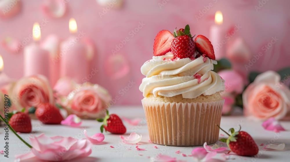 Strawberry Cupcake with Vanilla Frosting and Pink Rose Petals Strawberry Cupcake with Vanilla Frosting and Pink Rose Petals
