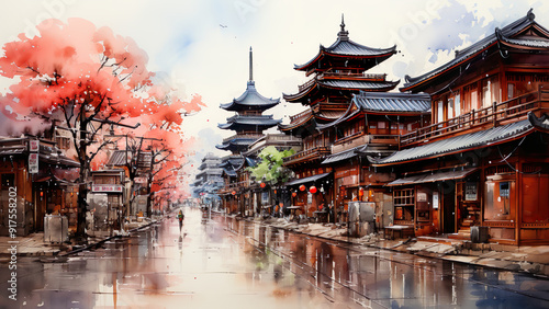 Gion Geisha District - Japan, street, traditional, architecture, temple, pagoda, cherry blossoms, sakura, trees, reflection, water, sky, clouds, culture, heritage