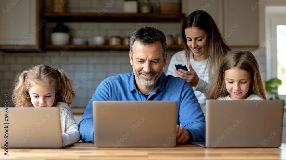 A happy family of four engaged with their laptops and smartphone, highlighting modern technology's role in family life. A happy family of four engaged with their laptops and smartphone, highlighting modern technology's role in family life.