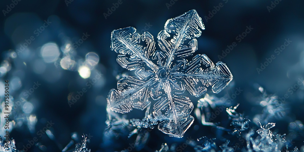 Obraz premium A single snowflake on a dark blue background, generative AI