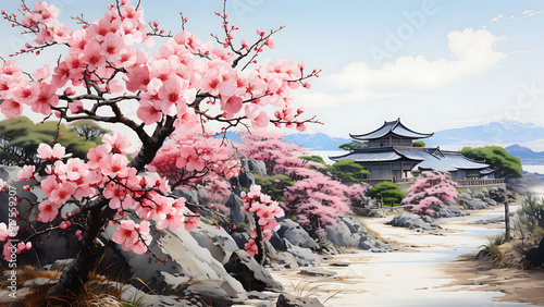 Imaicho Kashihara - cherry blossoms, spring, nature, landscape, trees, flowers, blossoms, traditional, temple, Japan, mountain view, scenic, serene, pink blooms photo