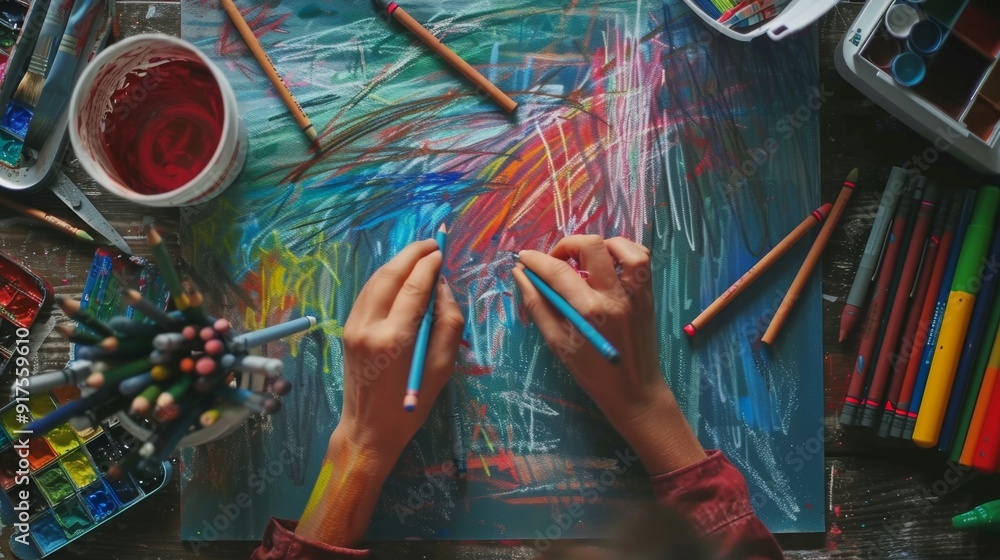 Obraz premium Close-up of Colored Pencil on Textured Abstract Pastel Drawing 