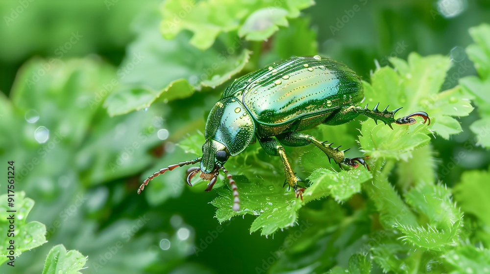 Close up of a vibrant green beetle possibly a June beetle or scarab crawling on the surface of a lush green leaf in its natural outdoor habitat The detailed texture shiny metallic color Close up of a vibrant green beetle possibly a June beetle or scarab crawling on the surface of a lush green leaf in its natural outdoor habitat The detailed texture shiny metallic color