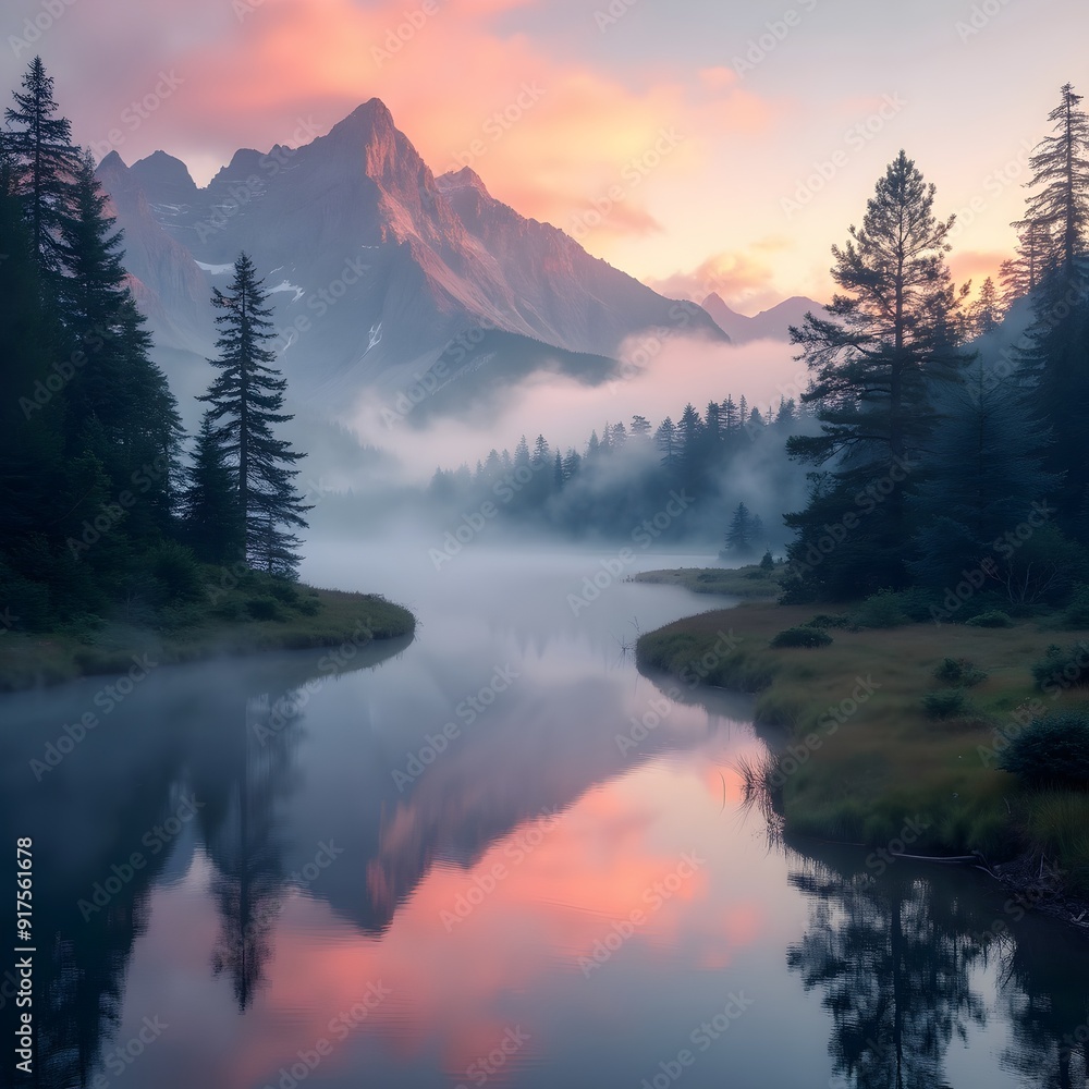 A serene mountain landscape at sunrise, with mist drifting through pine trees and a calm lake reflecting the pink and orange hues of the sky A serene mountain landscape at sunrise, with mist drifting through pine trees and a calm lake reflecting the pink and orange hues of the sky