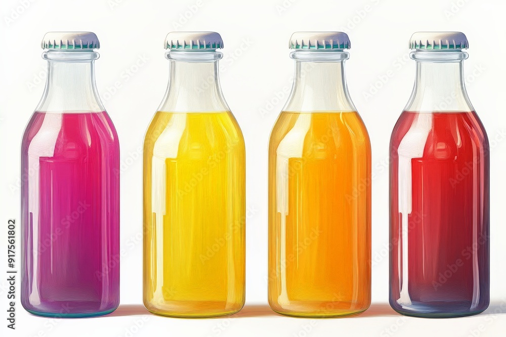 Four Glass Bottles with Colorful Drinks Four Glass Bottles with Colorful Drinks