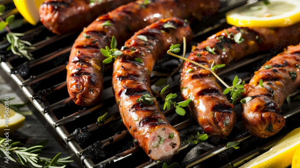 Close-up of Grilled Sausages with Lemon and Thyme on a Grill Close-up of Grilled Sausages with Lemon and Thyme on a Grill