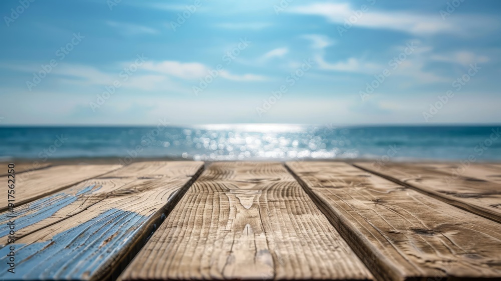 Fototapeta premium Wooden Plank Deck Overlooking a Calm Ocean and Sky