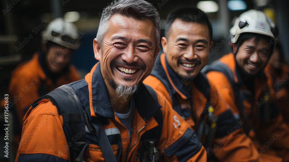 Candid happy group of worker happy and laugh white Refinery oil industry background ,generative ai Candid happy group of worker happy and laugh white Refinery oil industry background ,generative ai