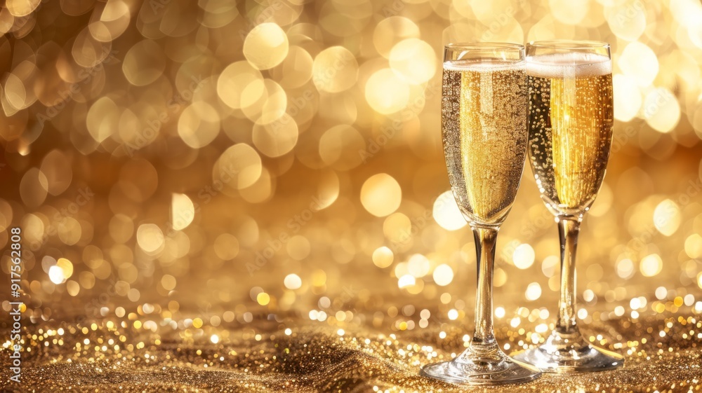 Two Champagne Flutes on a Glittering Gold Background Two Champagne Flutes on a Glittering Gold Background