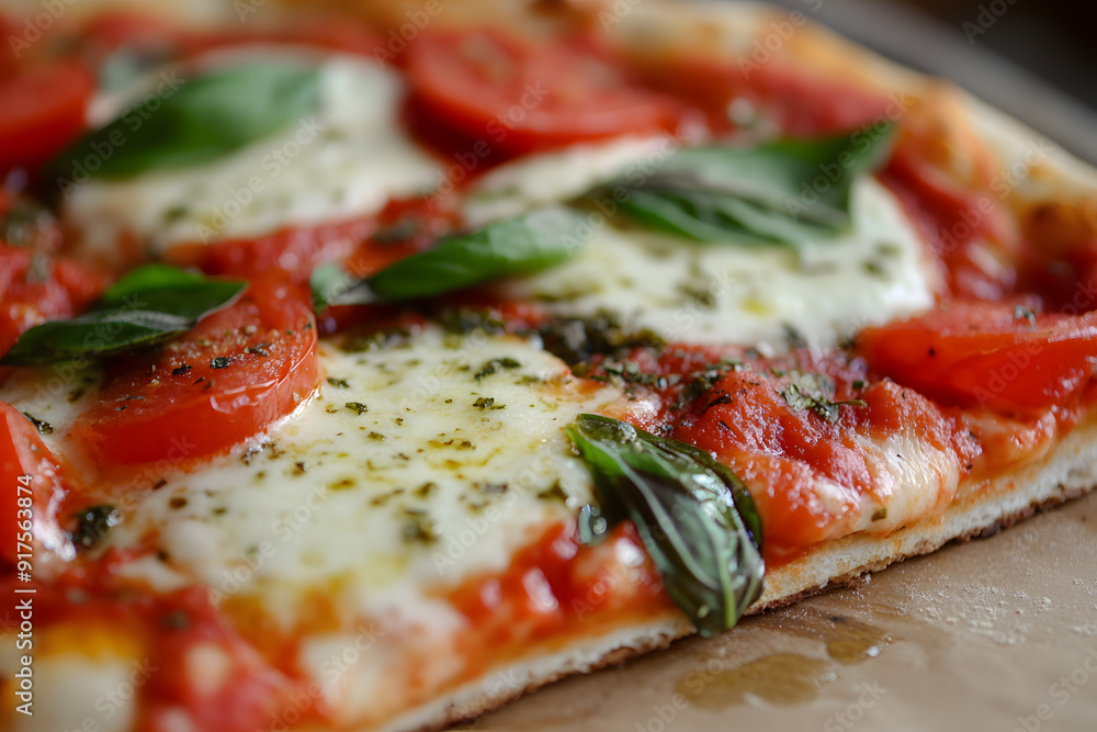 Crispy slice of Margherita pizza with gooey mozzarella, sweet tomatoes, and aromatic basil Crispy slice of Margherita pizza with gooey mozzarella, sweet tomatoes, and aromatic basil