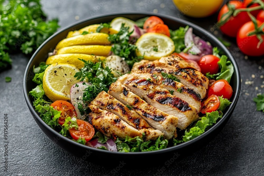 A healthy grilled chicken salad with fresh lemon slices, cherry tomatoes, and leafy greens, served in a black bowl, perfect for a nutritious meal. A healthy grilled chicken salad with fresh lemon slices, cherry tomatoes, and leafy greens, served in a black bowl, perfect for a nutritious meal.