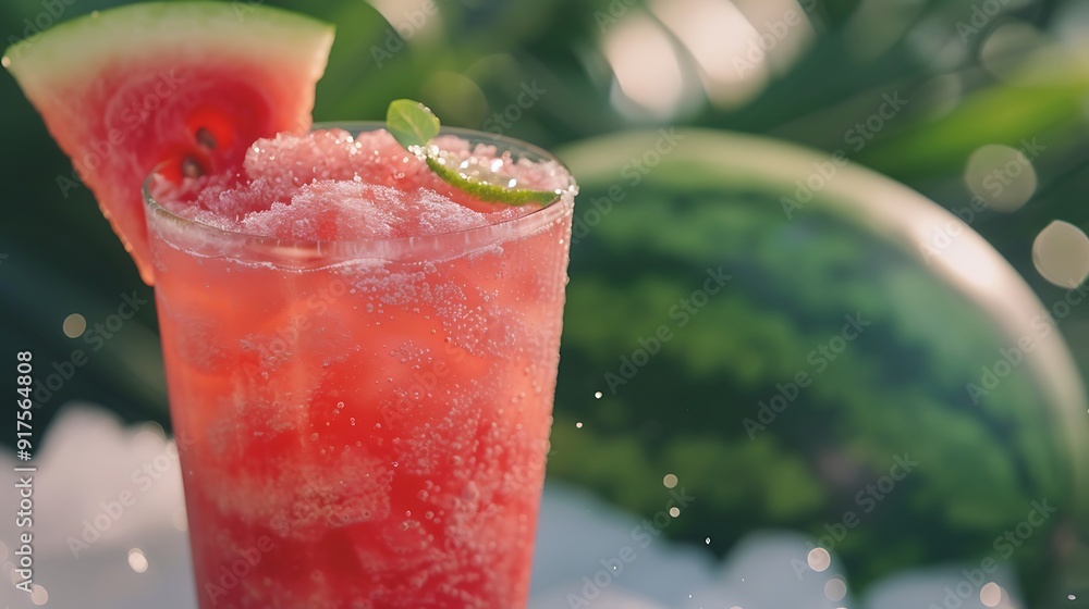 A frosty glass of watermelon juice with a slice of watermelon on the rim A frosty glass of watermelon juice with a slice of watermelon on the rim