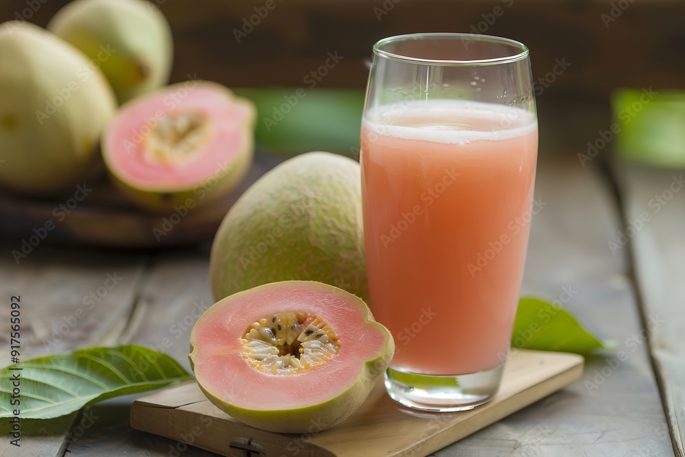 A glass of guava juice with a pale pink color A glass of guava juice with a pale pink color