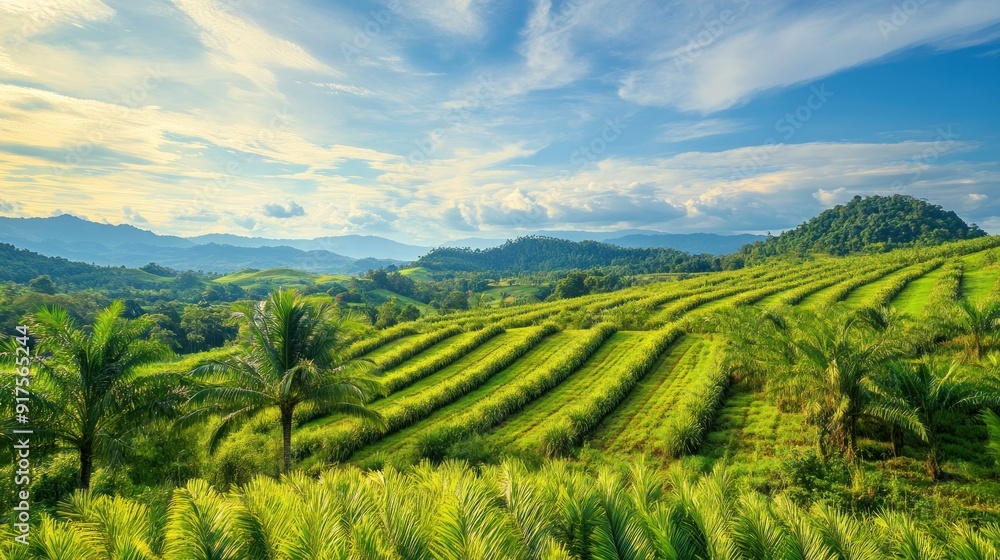 Lush Green Hills and Palm Trees in a Serene Landscape Lush Green Hills and Palm Trees in a Serene Landscape