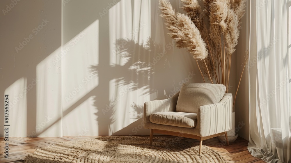 Modern minimalist interior with an armchair on empty cream color wall background Modern minimalist interior with an armchair on empty cream color wall background