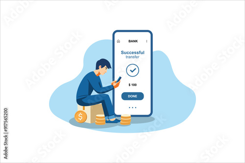 Young man in smartphone transferred, sent money, coins, cash to electronic account on Internet to man. Banking services on web site. Successful transaction. Refill. Guy made profit in finance, budget.