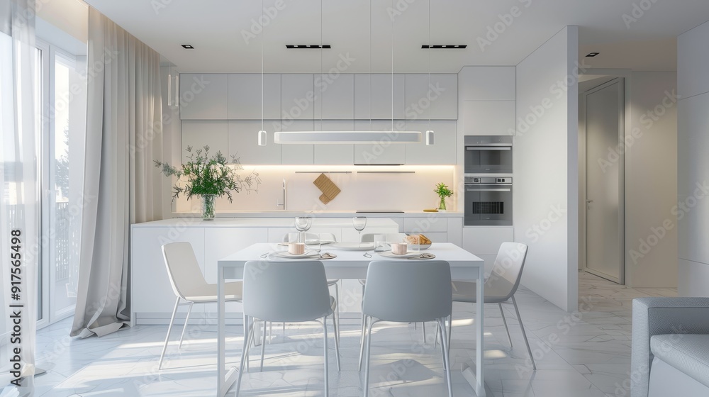 Modern new light interior of kitchen with white furniture and dining table Modern new light interior of kitchen with white furniture and dining table