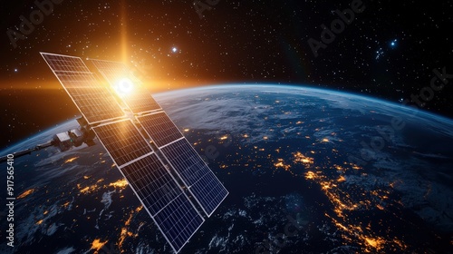 Solar energy satellites orbiting Earth beaming power to futuristic cities photo