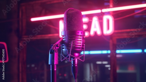 live on air. radio podcast broadcasting studio microphone with neon lights sign. banner with copy space