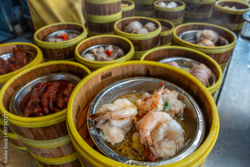 Steamer baskets containing dim sum, popular in south-eastern Asia, at a restaurant in George Town, Penang, Malaysia. photo