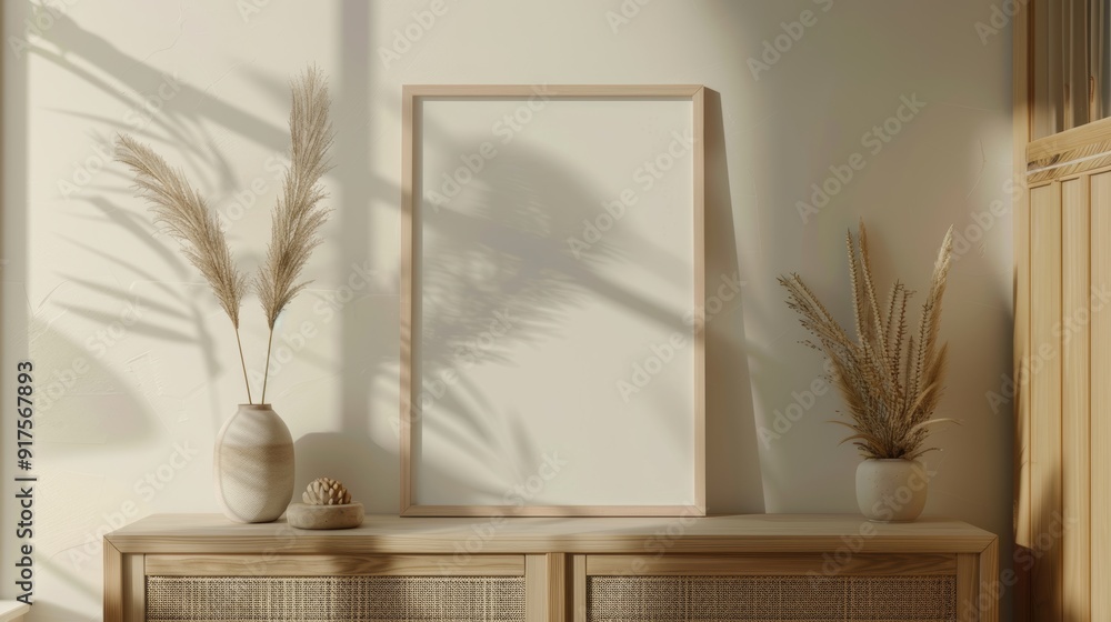 Picture frame on a cabinet with Scandinavian home interior Picture frame on a cabinet with Scandinavian home interior