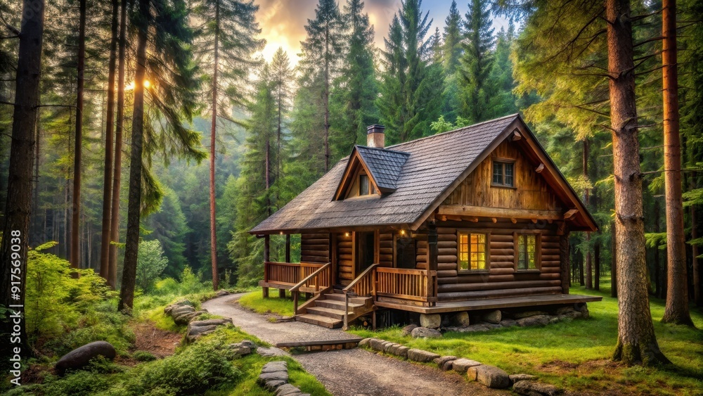Rustic wooden house nestled in a tranquil forest setting, cabin, woods, remote, solitude, nature, peaceful, trees Rustic wooden house nestled in a tranquil forest setting, cabin, woods, remote, solitude, nature, peaceful, trees