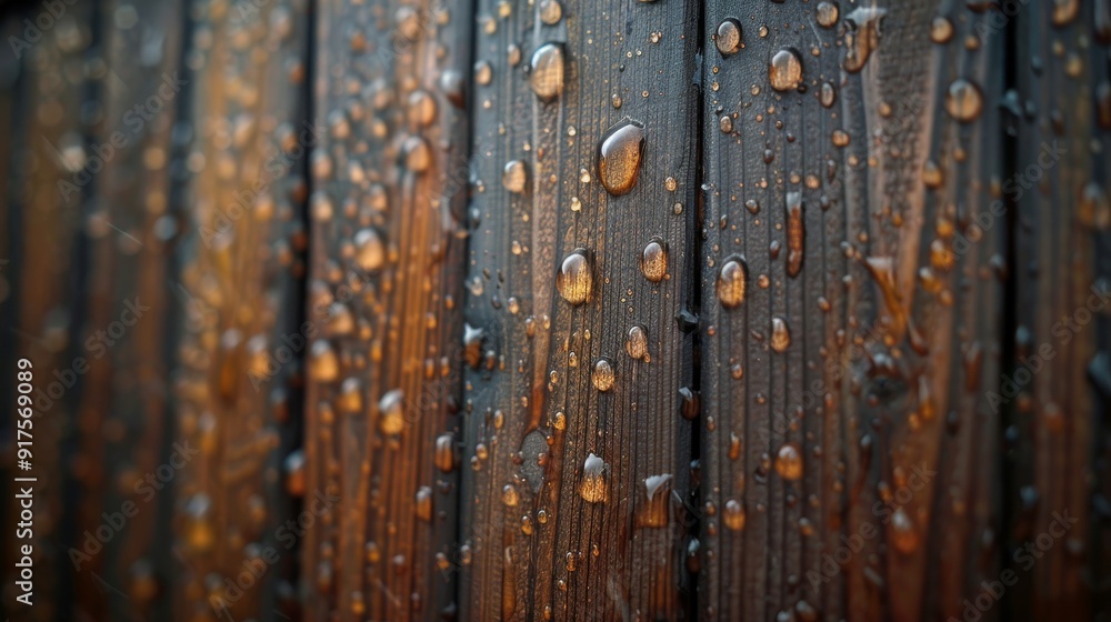 A wooden fence with raindrops on it A wooden fence with raindrops on it