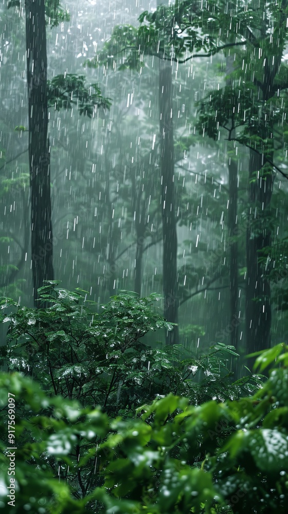 Fototapeta premium A forest is shown in the rain, with trees and bushes dripping water