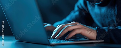 Close-up of a hacker wearing a mask, typing on a laptop, Identity, Digital Intrusion
