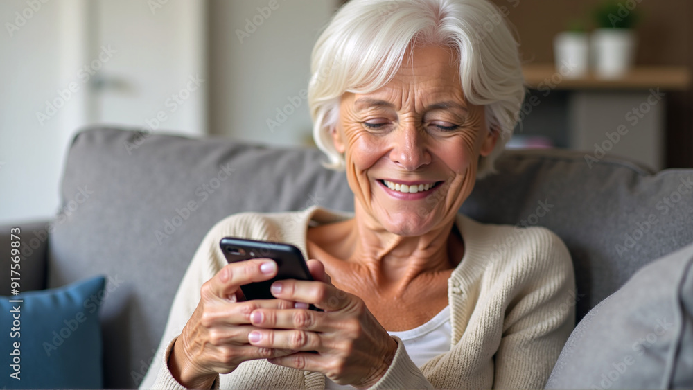 A relaxed 60-something woman is comfortably seated on her couch, using her smartphone to explore online shopping deals. A relaxed 60-something woman is comfortably seated on her couch, using her smartphone to explore online shopping deals.