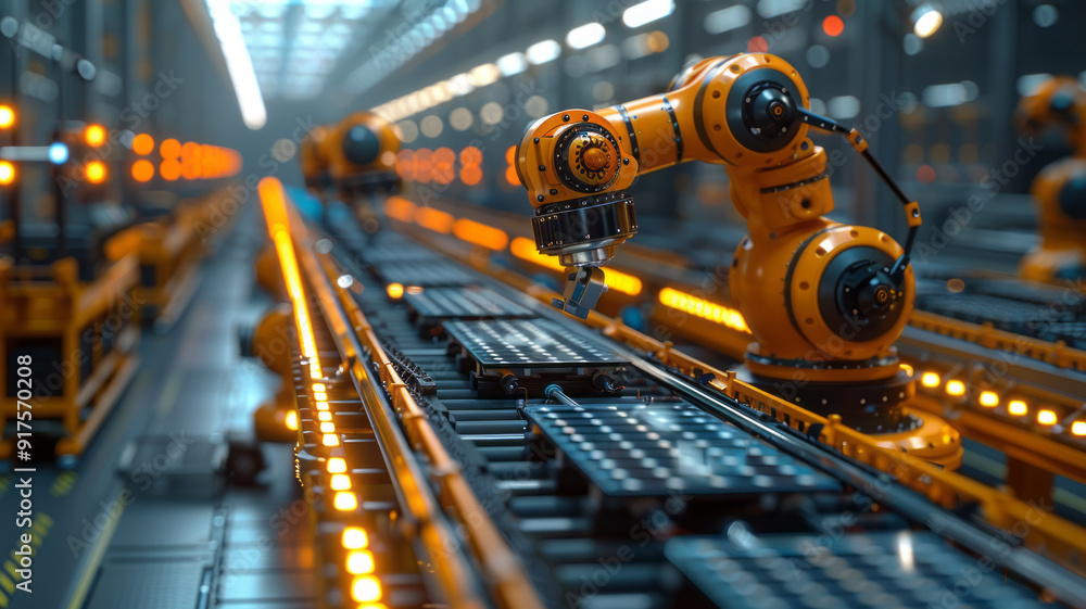 Solar panel placed on conveyor belt, operated by automatized robot arm, moving around facility,generative ai Solar panel placed on conveyor belt, operated by automatized robot arm, moving around facility,generative ai