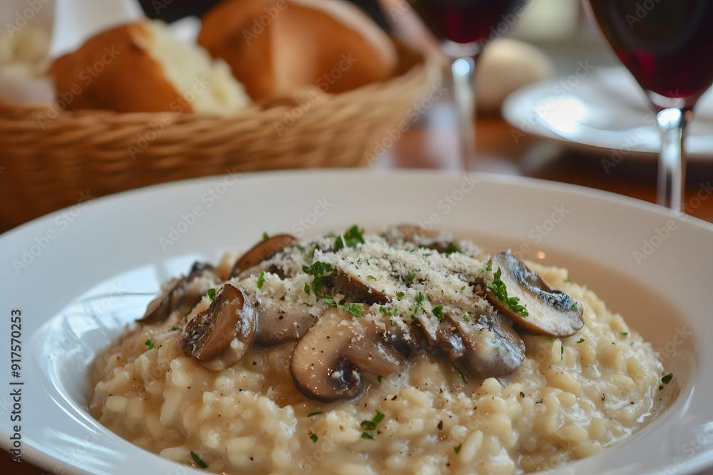 Creamy Risotto ai Funghi Porcini with sauteed mushrooms and Parmesan in a cozy setting with red wine and crusty bread Creamy Risotto ai Funghi Porcini with sauteed mushrooms and Parmesan in a cozy setting with red wine and crusty bread