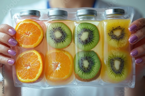 Close-up of a nurse holding an IV bag filled with orange and kiwi slices, symbolizing health and nutrition, against a white background with high-key lighting in a stock photo style

 photo