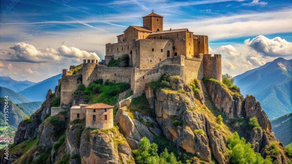 Medieval fortress perched on rugged mountain terrain with impossible access, medieval, fortress, mountain Medieval fortress perched on rugged mountain terrain with impossible access, medieval, fortress, mountain
