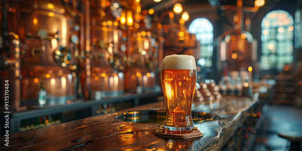 A modern brewery with copper tanks and pipes, in the foreground a bar with a large glass of beer in the middle of the frame.generative ai A modern brewery with copper tanks and pipes, in the foreground a bar with a large glass of beer in the middle of the frame.generative ai